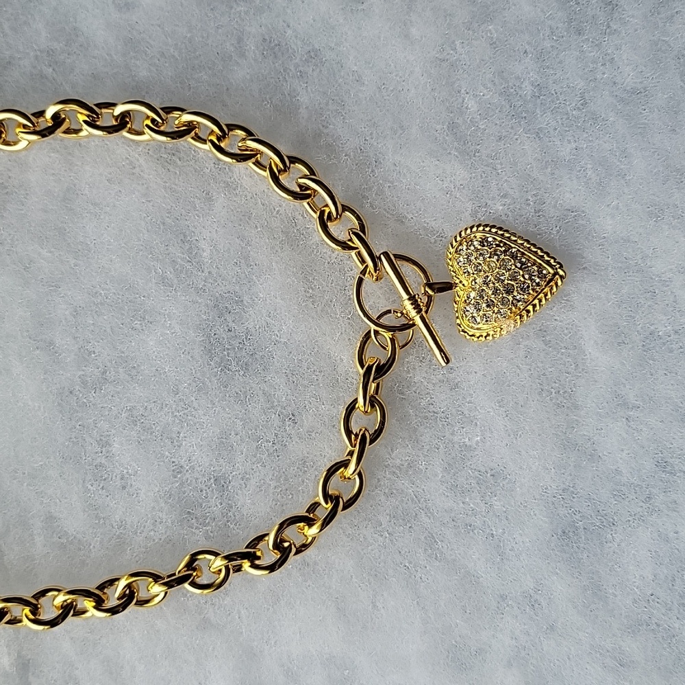Gold Plated Link and Rhinestone Heart Chain
